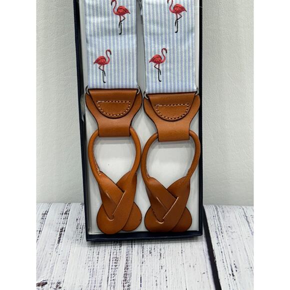 NEW Brooks Brothers Men's Silk Blue & White Striped Pink Flamingo Suspenders OS - Picture 3 of 6